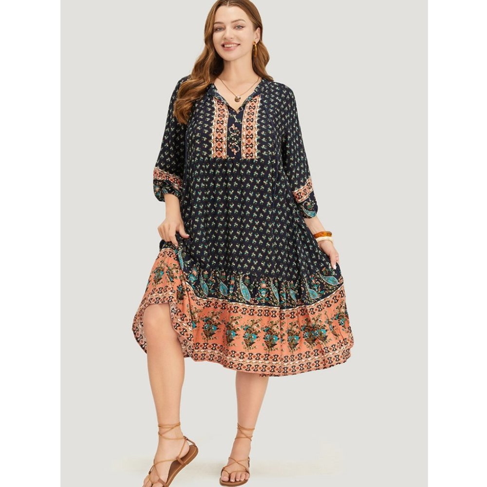 NWT BloomChic Bandana Tassel Lantern Sleeve Ruffle Pocket Keyhole Dress 14-16/1X